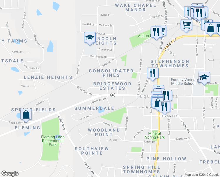 map of restaurants, bars, coffee shops, grocery stores, and more near 110 Bridge Street in Fuquay Varina