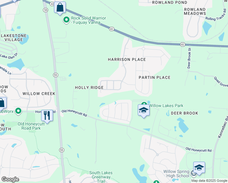 map of restaurants, bars, coffee shops, grocery stores, and more near 143 South Harrison Place Lane in Fuquay-Varina
