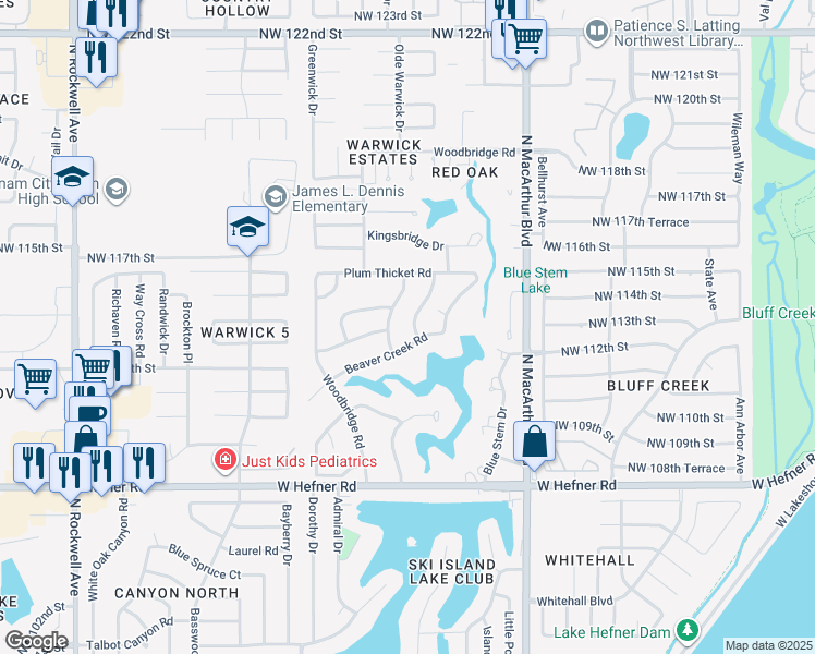 map of restaurants, bars, coffee shops, grocery stores, and more near 11200 Cedar Ridge Road in Oklahoma City