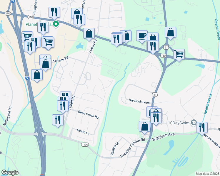 map of restaurants, bars, coffee shops, grocery stores, and more near 120 Romany Lane in Mooresville