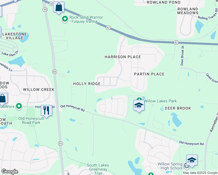 map of restaurants, bars, coffee shops, grocery stores, and more near 201 South Harrison Place Lane in Fuquay-Varina