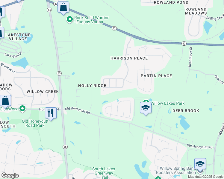 map of restaurants, bars, coffee shops, grocery stores, and more near 3000 Willow Ranch Drive in Fuquay-Varina