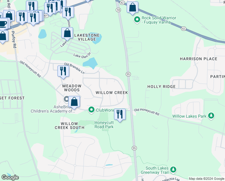 map of restaurants, bars, coffee shops, grocery stores, and more near 233 Honeywell Way in Fuquay-Varina