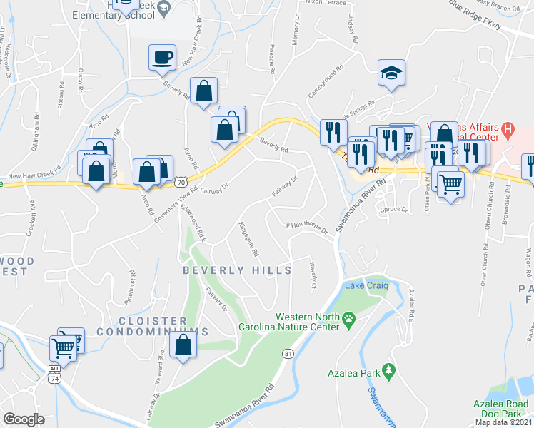 map of restaurants, bars, coffee shops, grocery stores, and more near 172 Beverly Road in Asheville