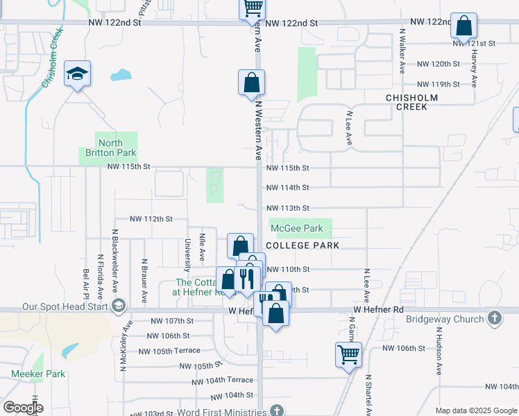 map of restaurants, bars, coffee shops, grocery stores, and more near 11415 North Western Avenue in Oklahoma City
