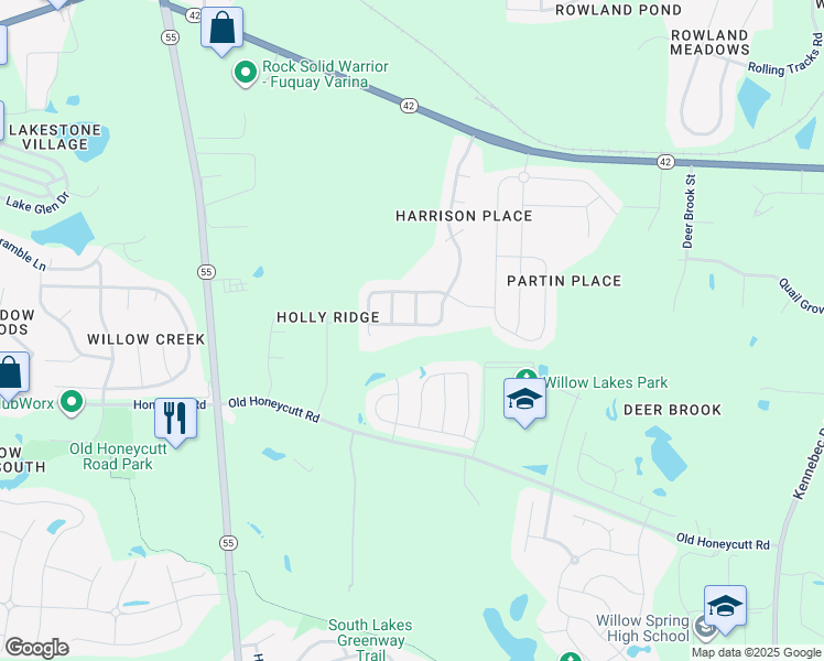 map of restaurants, bars, coffee shops, grocery stores, and more near 201 South Harrison Place Lane in Fuquay-Varina
