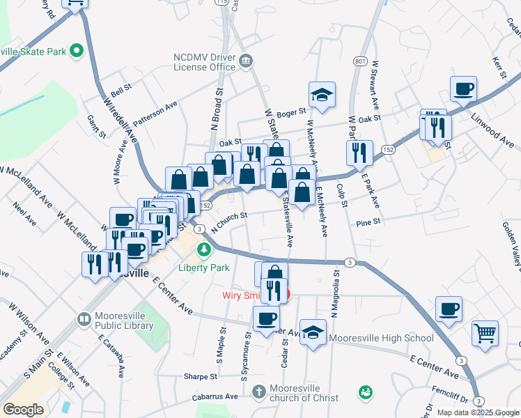 map of restaurants, bars, coffee shops, grocery stores, and more near 524 North Church Street in Mooresville