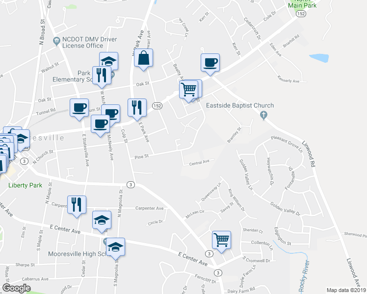 map of restaurants, bars, coffee shops, grocery stores, and more near 112 Teaberry Court in Mooresville
