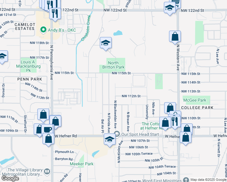 map of restaurants, bars, coffee shops, grocery stores, and more near 11500 North Florida Avenue in Oklahoma City