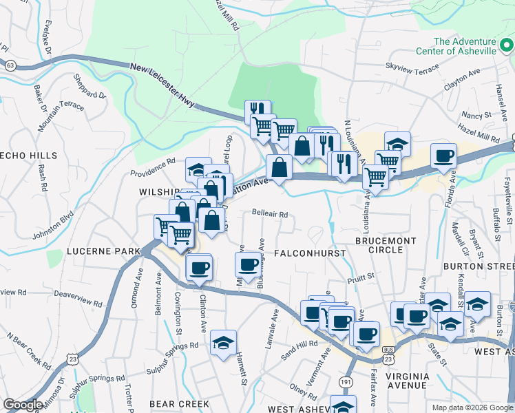 map of restaurants, bars, coffee shops, grocery stores, and more near 1192 Patton Avenue in Asheville