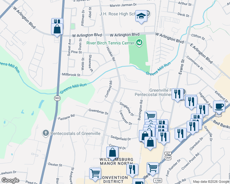map of restaurants, bars, coffee shops, grocery stores, and more near 918 Hooker Road in Greenville