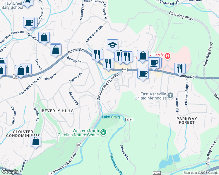 map of restaurants, bars, coffee shops, grocery stores, and more near Arbutus Road in Asheville
