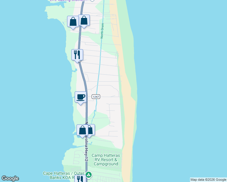 map of restaurants, bars, coffee shops, grocery stores, and more near 24402-24500 Caribbean Way in Dare County
