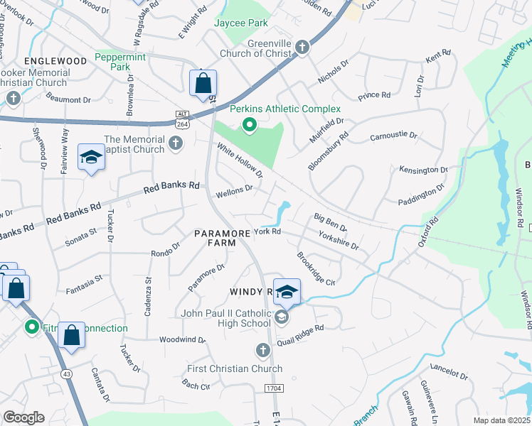 map of restaurants, bars, coffee shops, grocery stores, and more near 2225 Locksley Woods Drive in Greenville