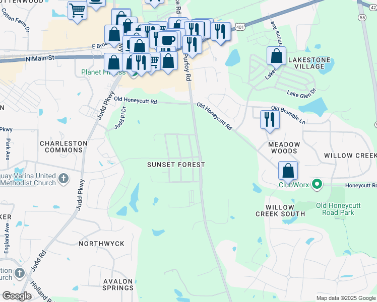 map of restaurants, bars, coffee shops, grocery stores, and more near 105 North Friars Chase Lane in Fuquay-Varina