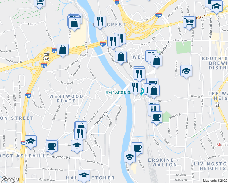 map of restaurants, bars, coffee shops, grocery stores, and more near 38 Craven Street in Asheville