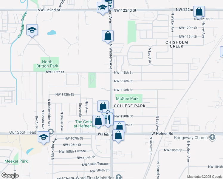 map of restaurants, bars, coffee shops, grocery stores, and more near 11415 North Western Avenue in Oklahoma City