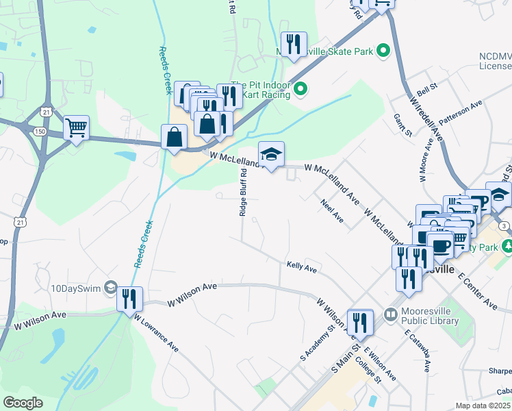 map of restaurants, bars, coffee shops, grocery stores, and more near 112 Lookout Point Place in Mooresville