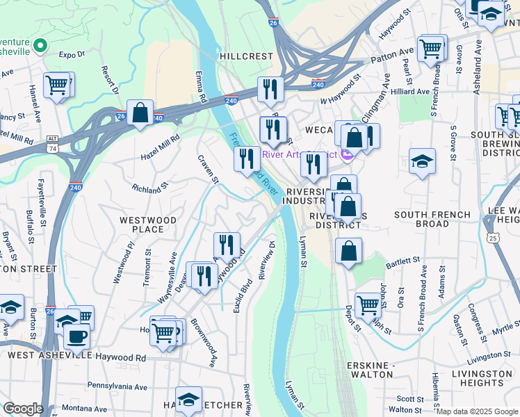 map of restaurants, bars, coffee shops, grocery stores, and more near 3 Logan Avenue in Asheville