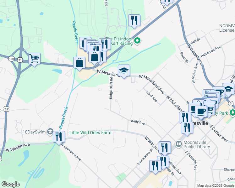 map of restaurants, bars, coffee shops, grocery stores, and more near 114 Lookout Point Place in Mooresville