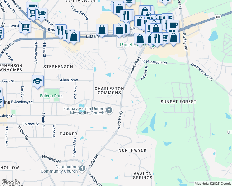 map of restaurants, bars, coffee shops, grocery stores, and more near 1000 Loganberry Court in Fuquay-Varina
