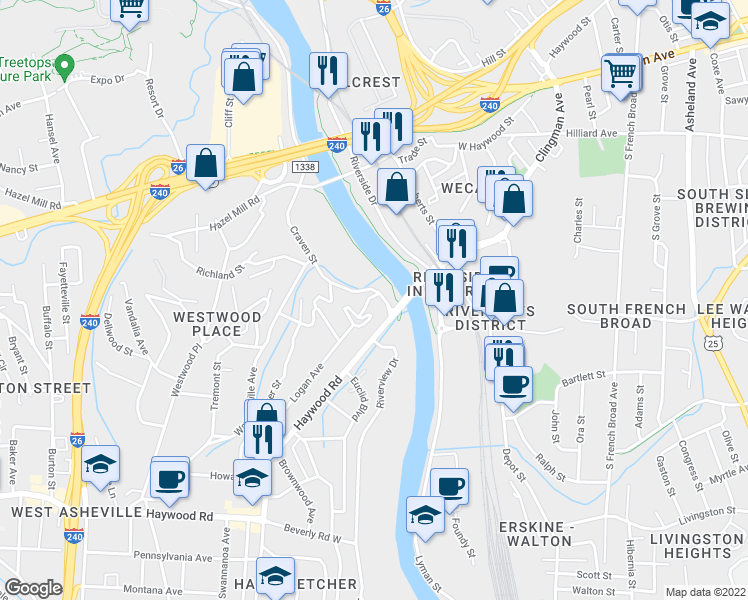 map of restaurants, bars, coffee shops, grocery stores, and more near 50 Logan Avenue in Asheville