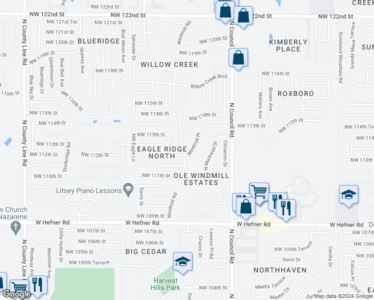 map of restaurants, bars, coffee shops, grocery stores, and more near 11304 Windmill Road in Oklahoma City