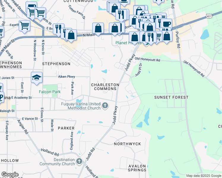 map of restaurants, bars, coffee shops, grocery stores, and more near 1000 Loganberry Court in Fuquay-Varina