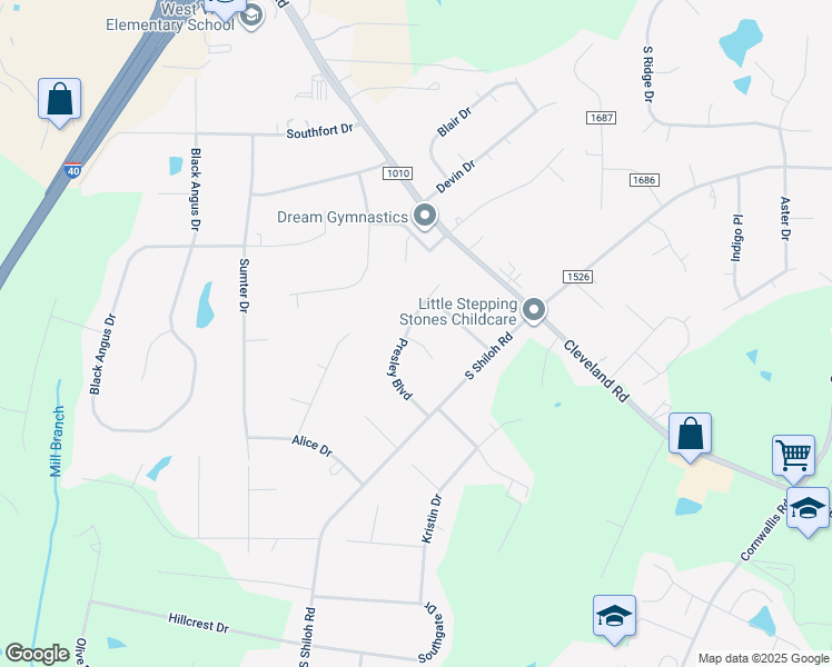 map of restaurants, bars, coffee shops, grocery stores, and more near 27 Elvis Drive in Garner