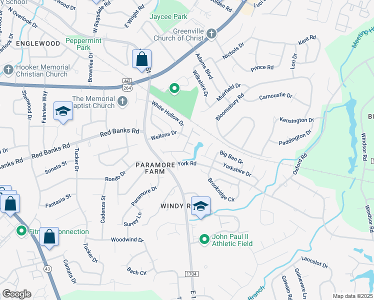 map of restaurants, bars, coffee shops, grocery stores, and more near 2217 Locksley Woods Drive in Greenville