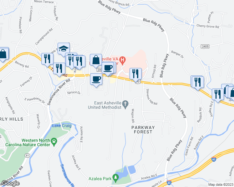 map of restaurants, bars, coffee shops, grocery stores, and more near 14 Oteen Church Road in Asheville