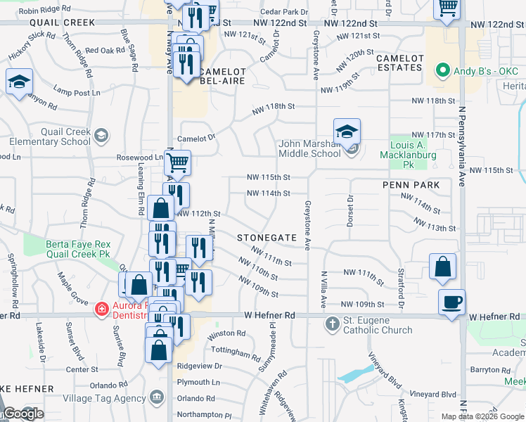 map of restaurants, bars, coffee shops, grocery stores, and more near 2608 Northwest 114th Street in Oklahoma City