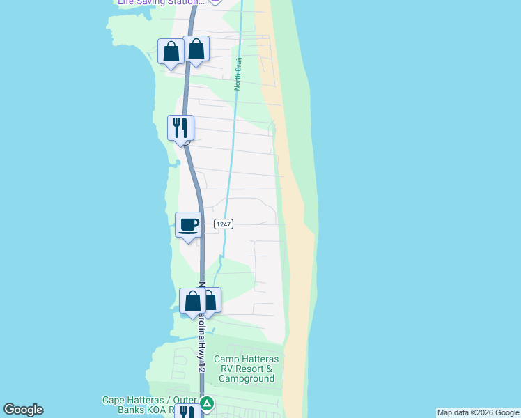 map of restaurants, bars, coffee shops, grocery stores, and more near 24402-24500 Caribbean Way in Dare County