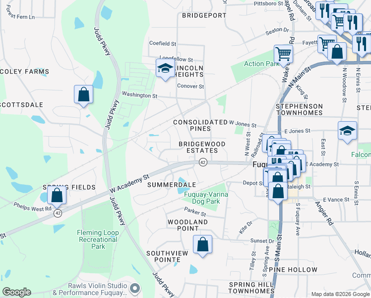 map of restaurants, bars, coffee shops, grocery stores, and more near 526 Dawley Drive in Fuquay-Varina