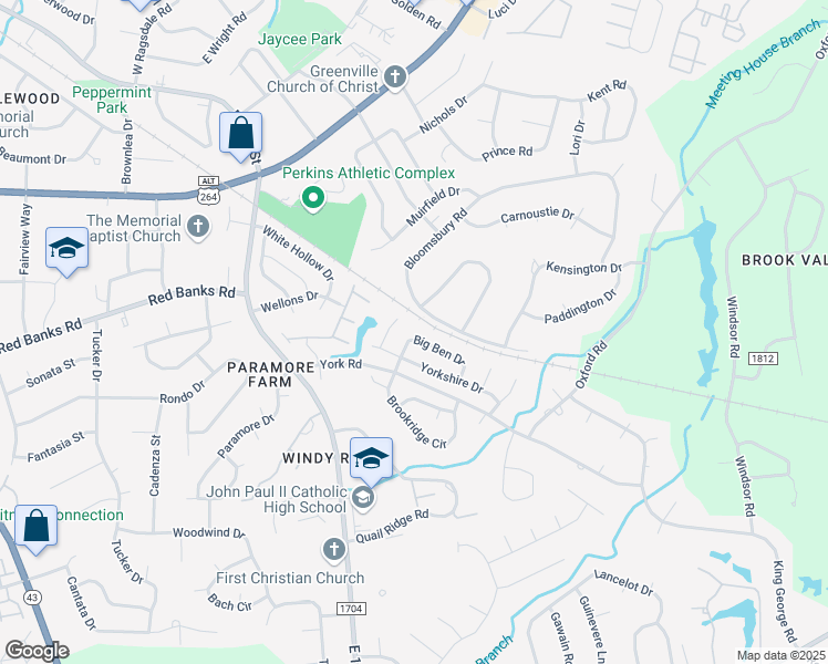 map of restaurants, bars, coffee shops, grocery stores, and more near 2311 Big Ben Drive in Greenville