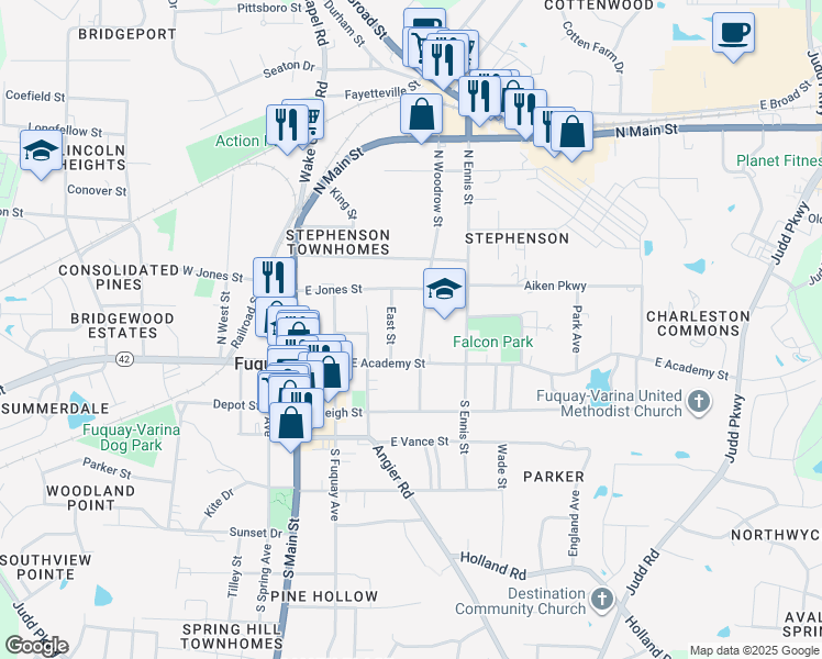 map of restaurants, bars, coffee shops, grocery stores, and more near 123 North Woodrow Street in Fuquay-Varina