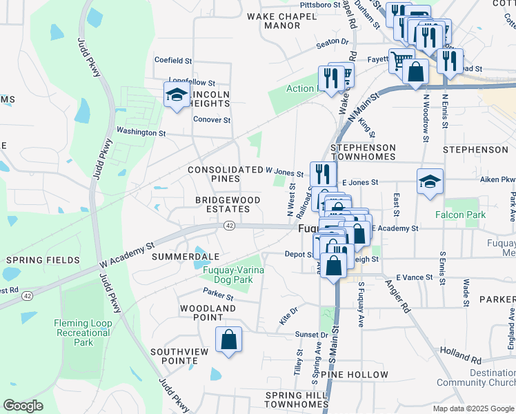 map of restaurants, bars, coffee shops, grocery stores, and more near 302 Holland Glen Street in Fuquay-Varina