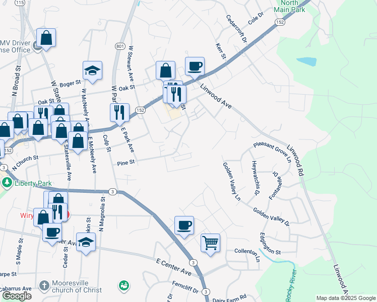 map of restaurants, bars, coffee shops, grocery stores, and more near 1104 Pine Street in Mooresville