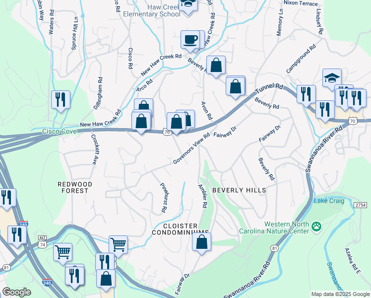 map of restaurants, bars, coffee shops, grocery stores, and more near 158 Arco Road in Asheville