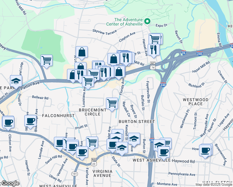 map of restaurants, bars, coffee shops, grocery stores, and more near 99999 Burton Street in Asheville