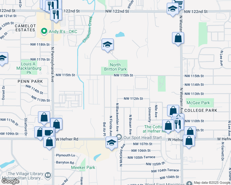 map of restaurants, bars, coffee shops, grocery stores, and more near 11500 North Florida Avenue in Oklahoma City