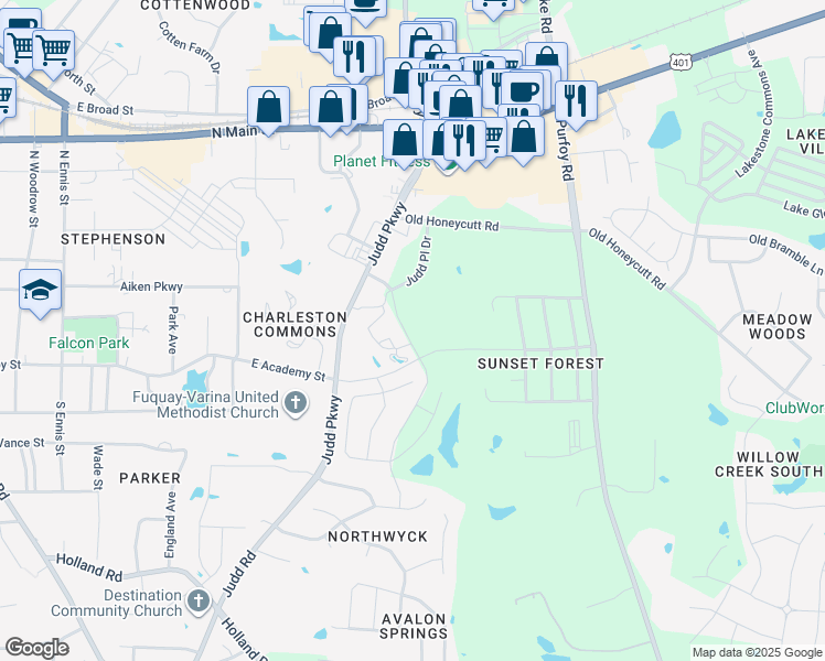map of restaurants, bars, coffee shops, grocery stores, and more near 260 Bramblehill Drive in Fuquay-Varina