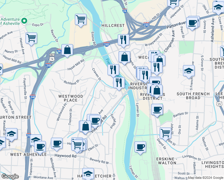 map of restaurants, bars, coffee shops, grocery stores, and more near 38 Craven Street in Asheville