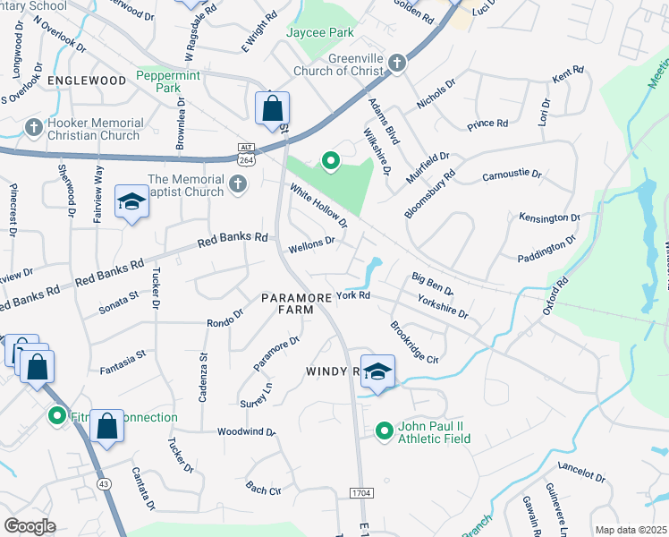 map of restaurants, bars, coffee shops, grocery stores, and more near 2211 Locksley Woods Drive in Greenville