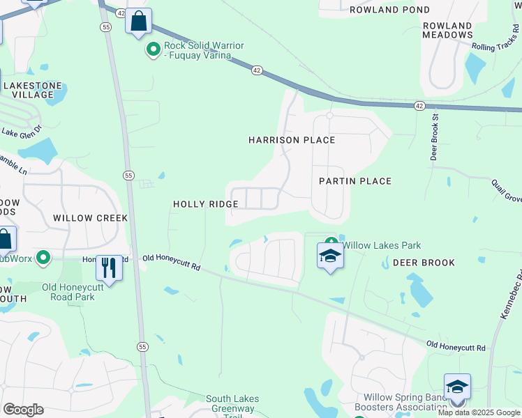 map of restaurants, bars, coffee shops, grocery stores, and more near Oak Rise Lane in Fuquay Varina