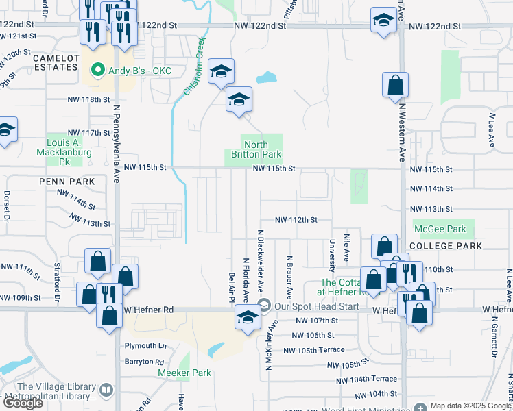 map of restaurants, bars, coffee shops, grocery stores, and more near 11500 North Florida Avenue in Oklahoma City