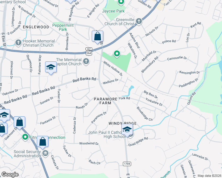 map of restaurants, bars, coffee shops, grocery stores, and more near 2015 White Hollow Drive in Greenville