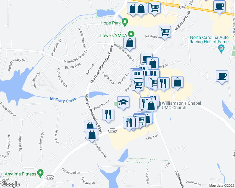 map of restaurants, bars, coffee shops, grocery stores, and more near 203 Singleton Road in Mooresville