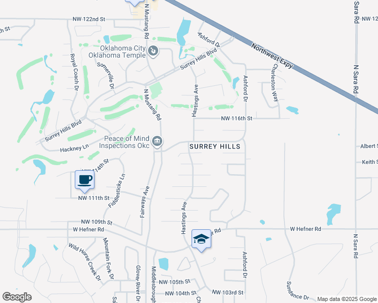 map of restaurants, bars, coffee shops, grocery stores, and more near 11203 Northwest 114th Street in Yukon