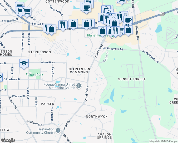 map of restaurants, bars, coffee shops, grocery stores, and more near Judd Parkway in Fuquay-Varina
